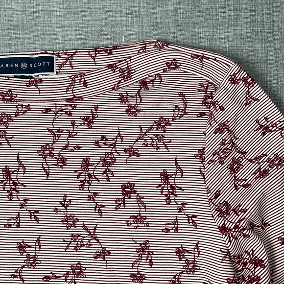 Merlot Floral Striped 3/4 Sleeve Boatneck Top Size Petite Large - Picture 3 of 5
